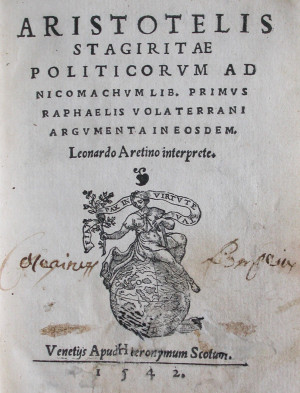 Politicorum ad Nicomachum lib(er) primus Raphaelis Volaterrani argumenta in eosdem Leonardo Aretino interprete