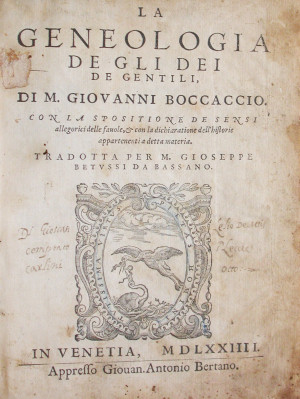 La genealogia de gli dei de gentili. Con la spositione de sensi allegorici delle favole, et con la dichiaratione dell’historie appartenenti a detta materia. Tradotta per M. Gioseppe Betussi da Bassano